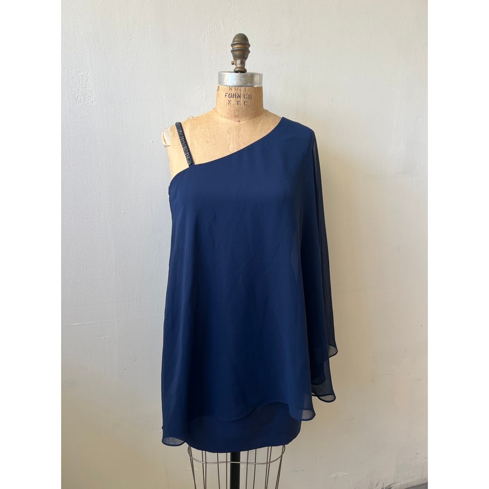 Laundry by Shelli Segal Navy One Shoulder Chiffon Cape Dress Beaded Strap
